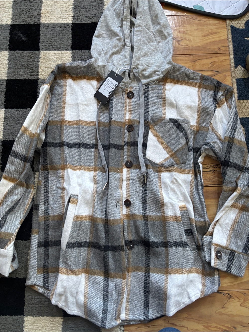 Hooded Plaid Button-Up Shacket in Gray, White & Tan